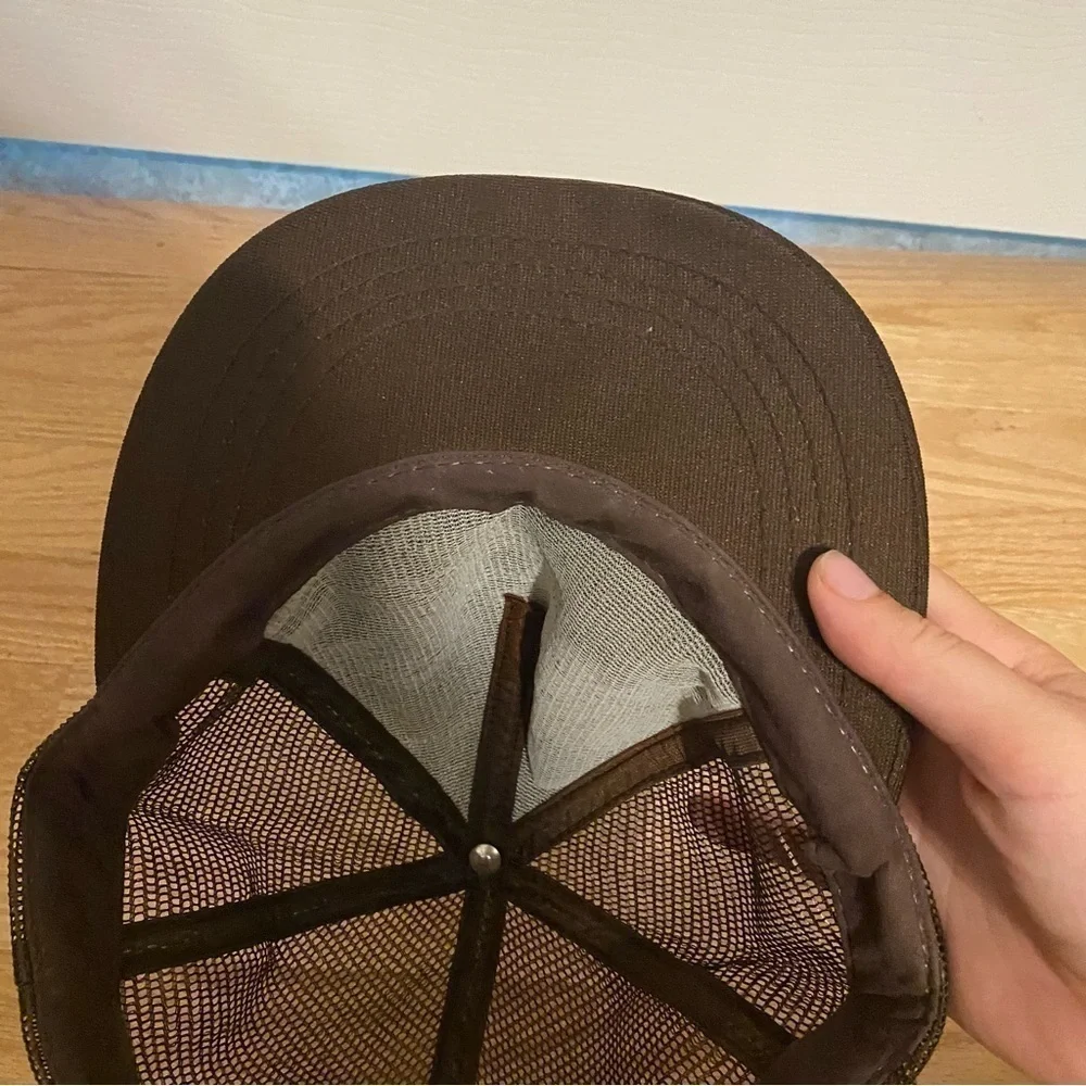 Vintage Fort Worth Texas Snap Back Mesh 80s Trucker Hat Brown Puffy Print 90s